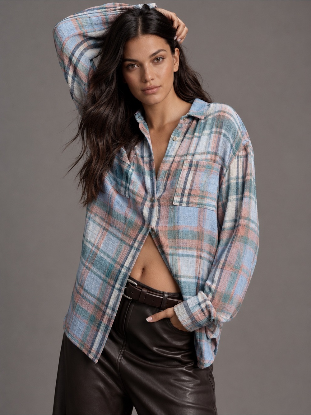 Anthropologie Pilcro Hadley Relaxed blue  Plaid Buttondown Shirt size medium